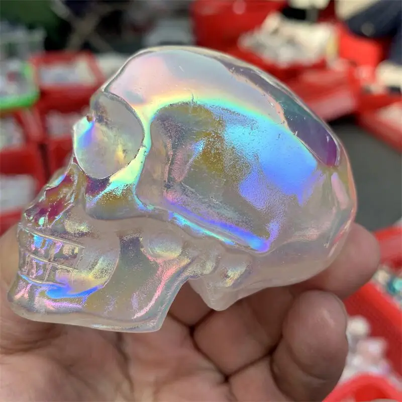 Natural Aura Quartz Skull Carving Statue Realistic Feng Shui Healing Ornament Art Collectible Gift 1PCS