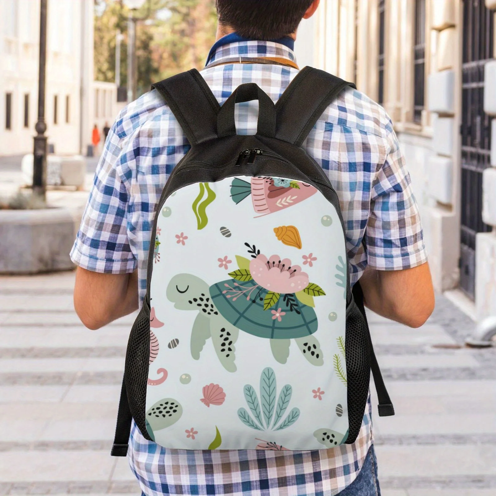 Cartoon carrying flower print lightweight adjustable black backpack for men and women, high school and university backpacks