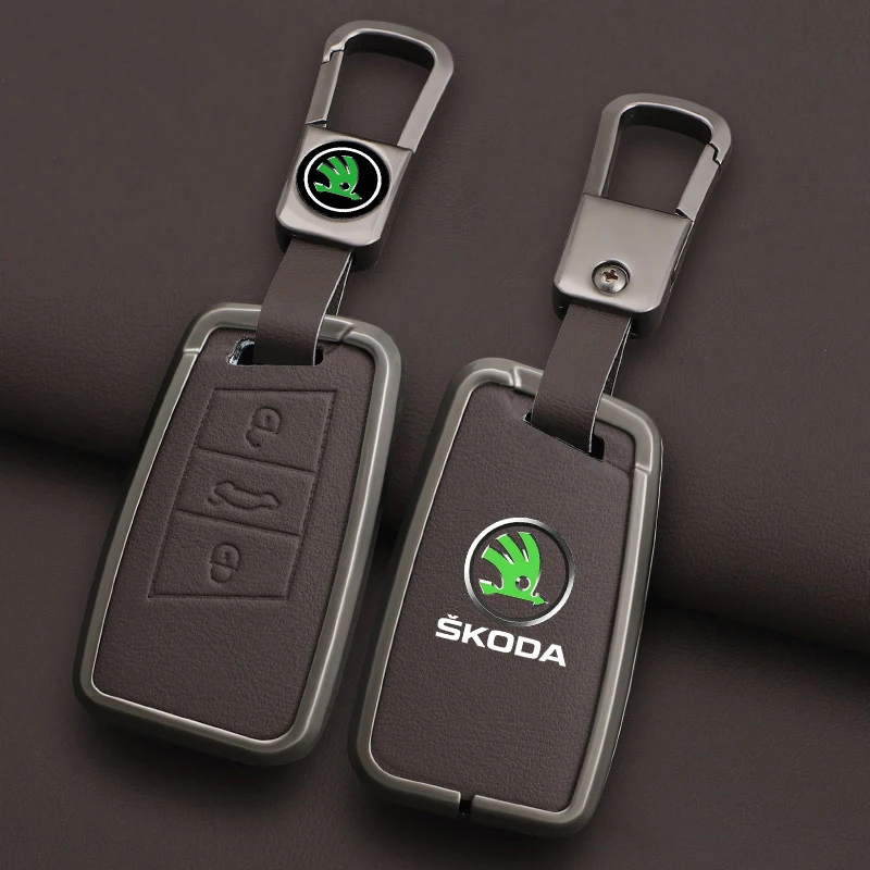 High Quality Fashion Alloy Car Remote Key Case Cover Leather Shell Fob Holder for Skoda Superb A7 Kodiaq Keyless Accessories