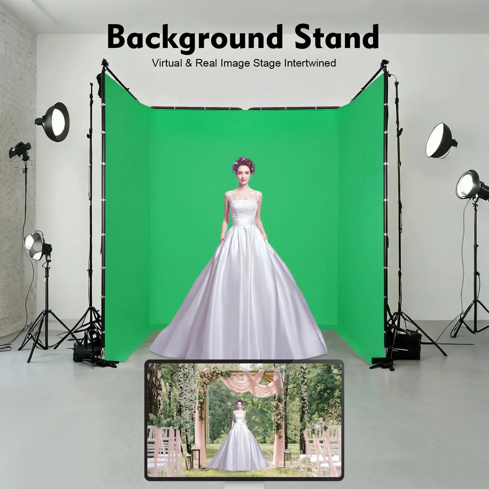 Image of Faltbarer 13x8ft Greenscreen-Hintergrundständer, Verstellbarer Studio-Hintergrund mit Tragetasche für Live-Streaming Chroma Key