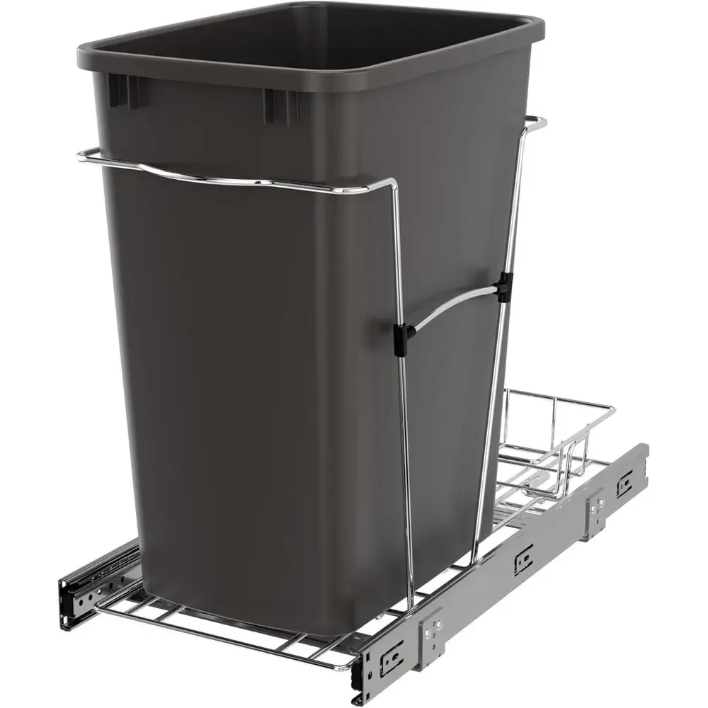 

Pullout Trash Can with Full Extension Slides, 35 Qt Capacity, Gray, Kitchen Waste Bin