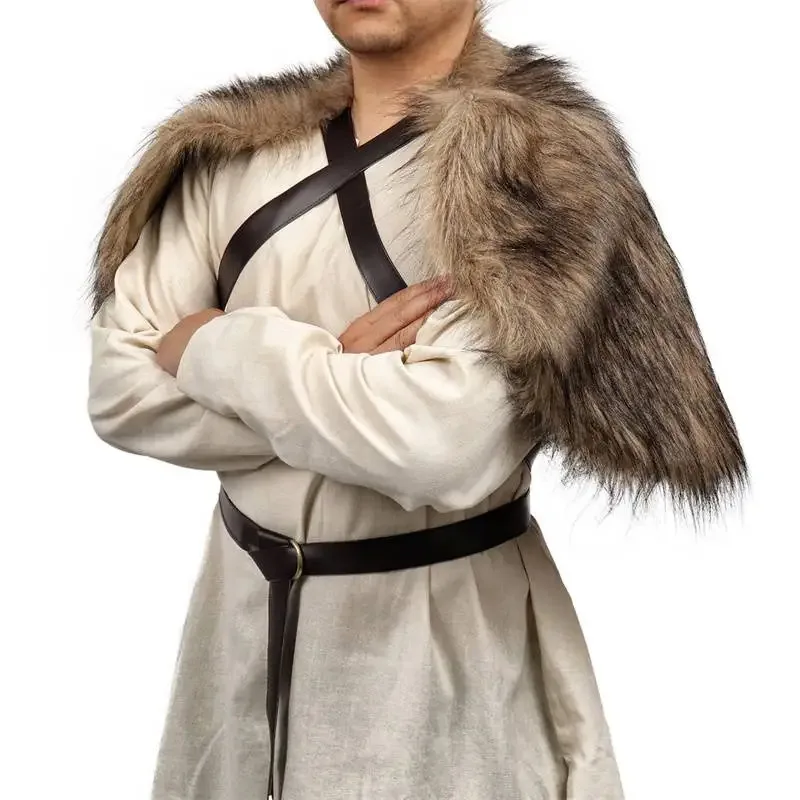 

WENAM Medieval Viking Fur Wrap Drape Shawl Barbarian Shoulder Cowl Mantle with Chest Belt Fur Capelet for Viking