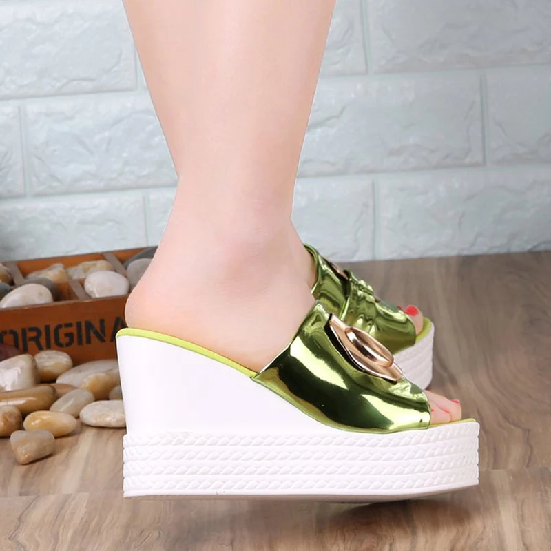 Platform Chain High Heels Slippers Women\'s Wedding Shoes Summer 2023 New Casual White Black Wedges Slides Ladies Beach Slippers