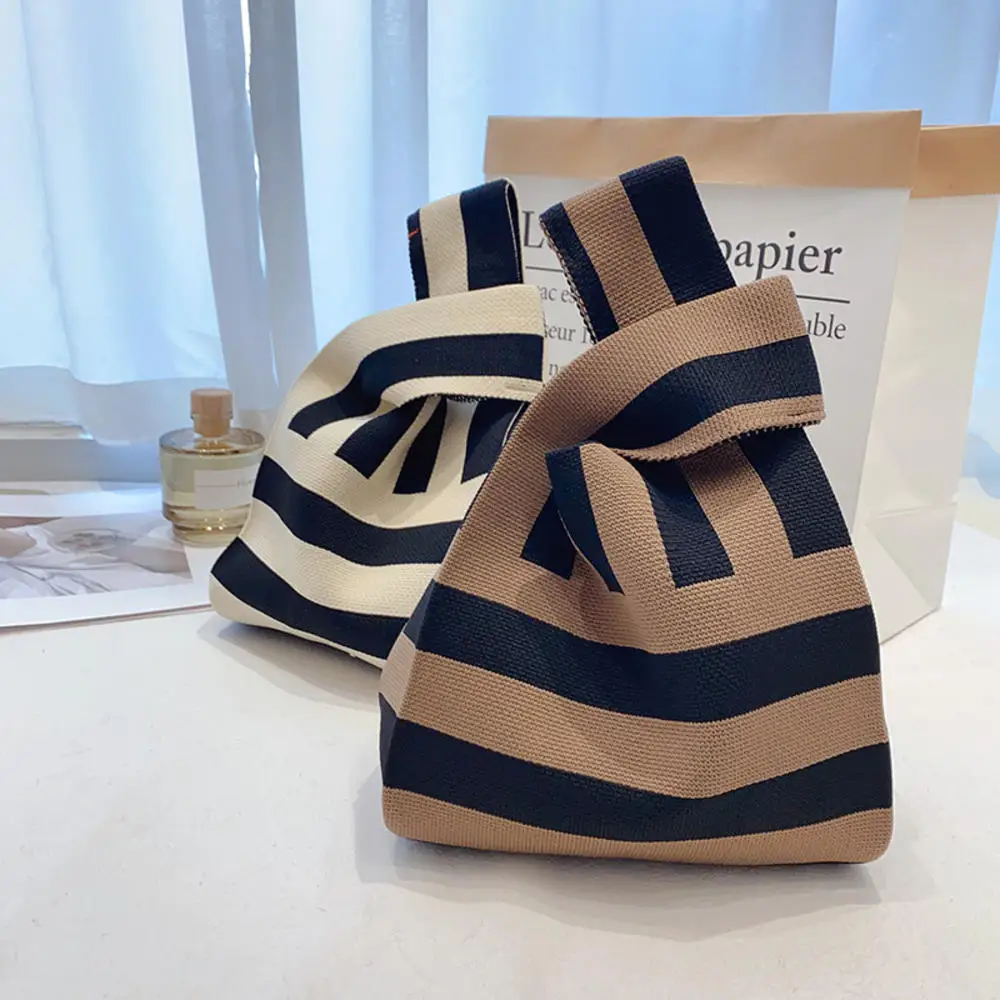 Handmade Knit Handbag Women Mini Knot Wrist-bag Female Casual Color Wide Stripe Plaid Tote Bag Student Reusable Shopping Bag