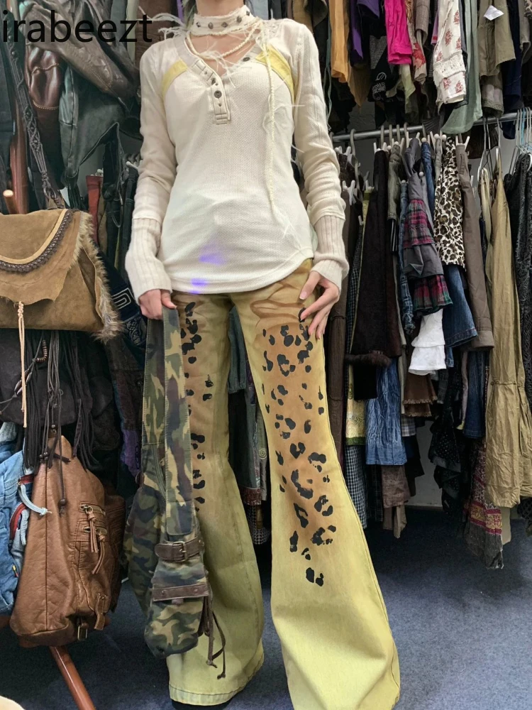 Leopard Print Denim Pants Women Trousers Distressed Jeans Punk Dirty Fit Style Slim-fit Women Low-waisted Clothes