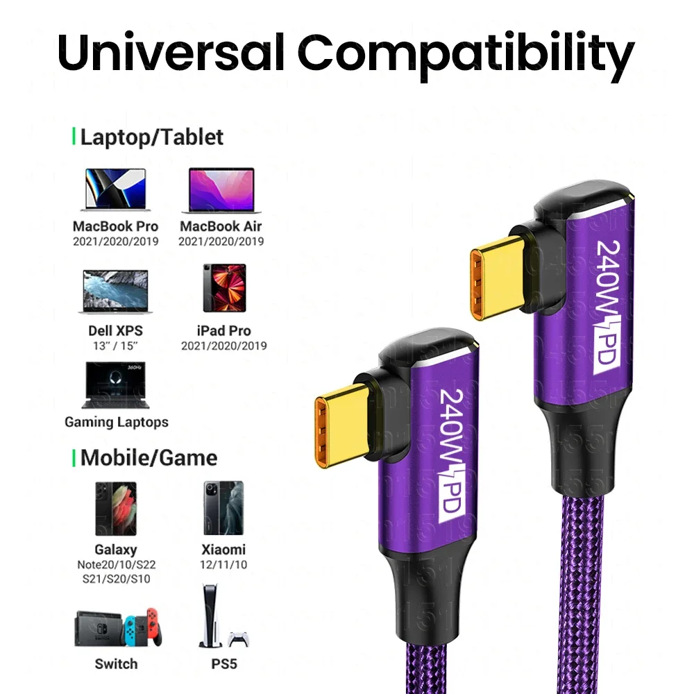 PD240W USB Type C to C Cable 5A Fast Charging Wire for iPhone 15 PS5 Switch Galaxy S22 MacBook Pro 90 Degree Fast Charging Cable