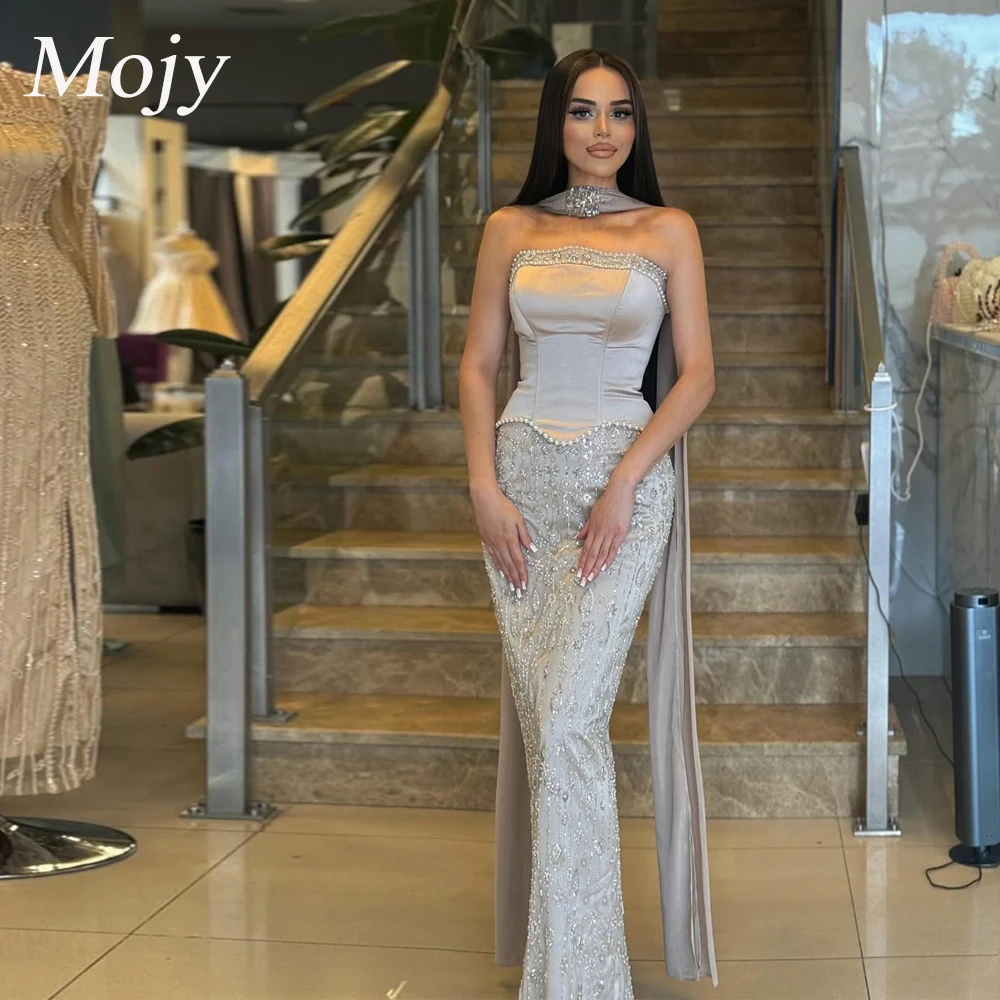 

Mojy Strapless Long Evening Dresses Customized Arabic Pearls Beaded Wedding Reception Dinner Party Gowns