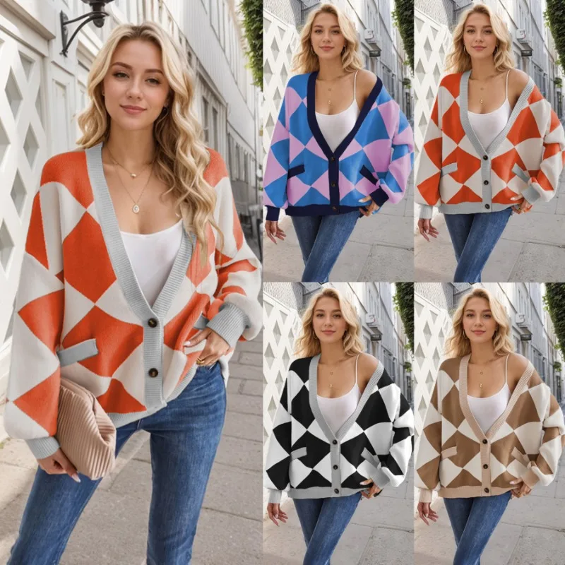 

Autumn and Winter Women's Spliced Cardigan Long Sleeved V-neck Diamond Grid Spliced Contrasting Loose Knit Cardigan