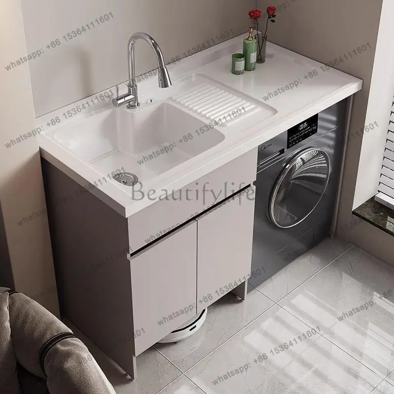 Balcony washing machine cabinet combination, laundry table with rubbing board integrated laundry basin