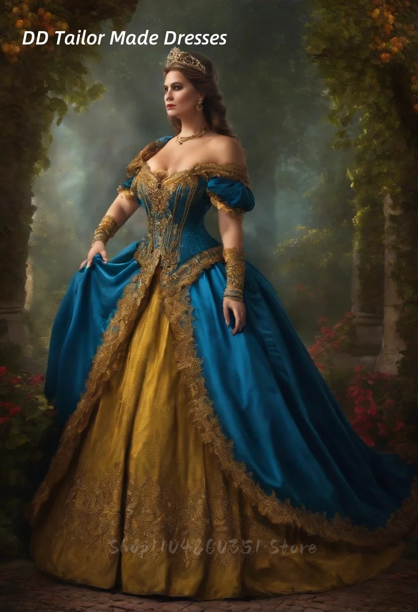 Baroque Princess Prom Dress Blue And Gold Vintage Victorian Masquerade Costume Off Shoulder Customized Medieval Ball Gown Chic