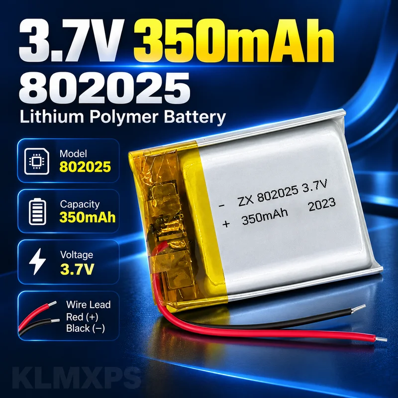 802025 350mAh 3.7V Rechargeable Li-Po Polymer Battery for Beauty Instrument, Bicycle Tail Light, Pet Locator, Bluetooth Speaker