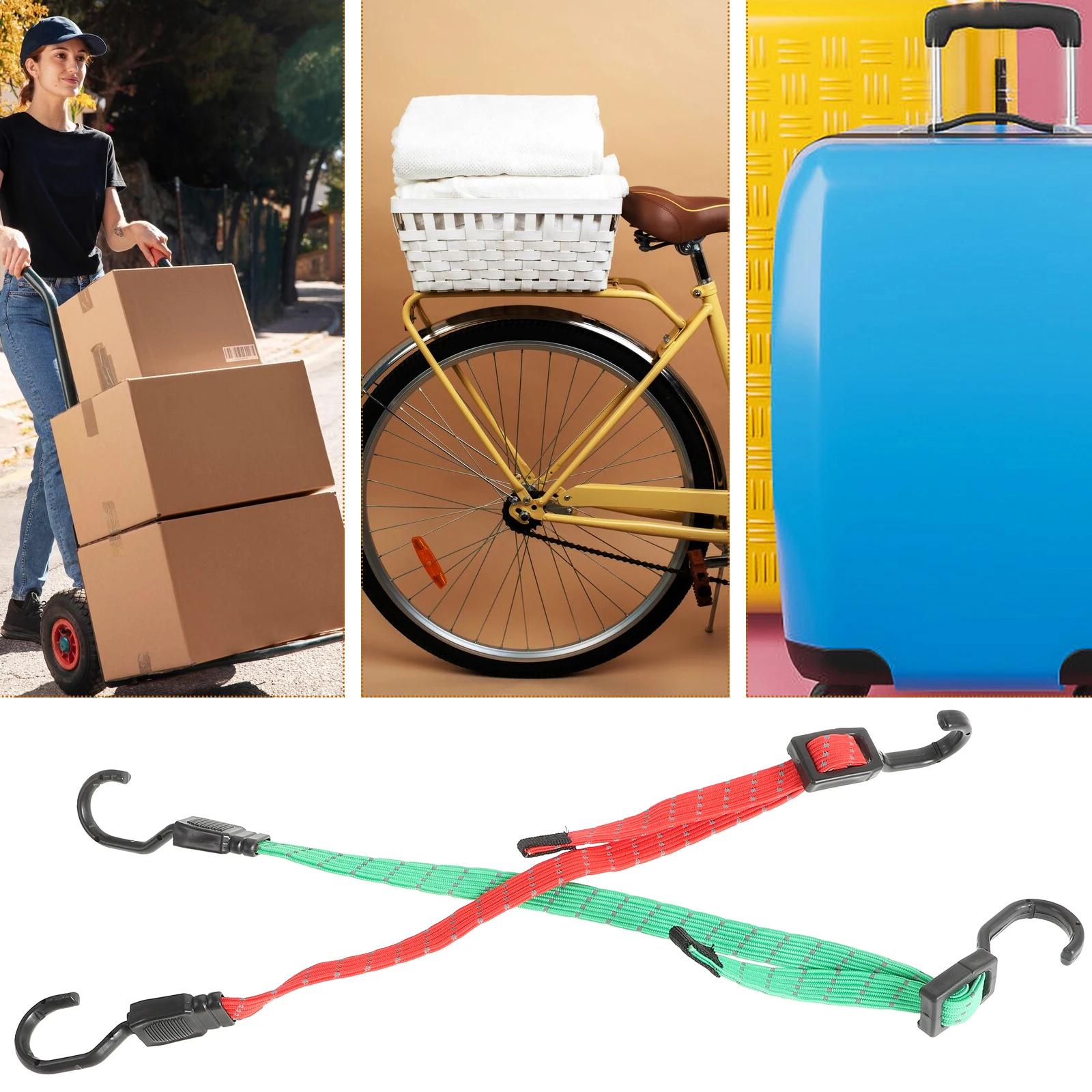 

2 pcs Elastic Tie Rope Flat Bungee Cords Adjustable Heavy Duty Outdoor Polypropylene Hook Motorcycle Cargo Straps Luggage Secure