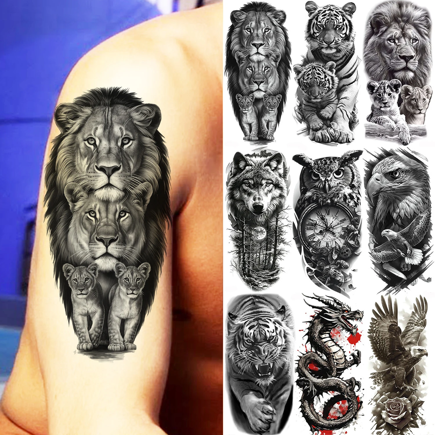 

1 Sheet Creative Lion Tiger Family Temporary Tattoos Realistic Eagle Owl Animals Tatoos Waterproof Fake Tattoo Sticker Last Long