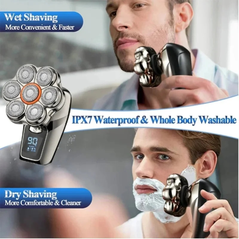 6-in-1 Elektrischer Kopfrasierer für Glatzköpfige Männer, Wasserdicht, 7 Schwimmende Klingen, Haarschneider, USB-Aufladung, LED-Display, Bartschneider, Bestes Geschenk