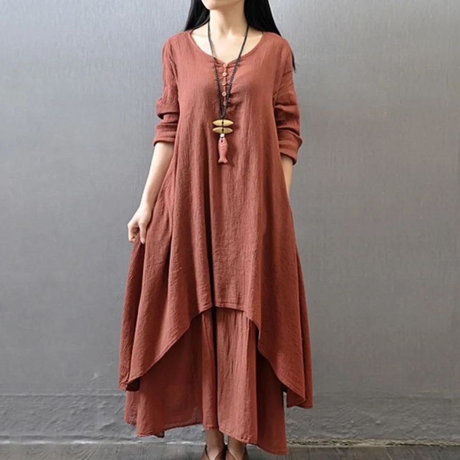 

【HOT】2026 spring and autumn new style national style solid color large swing linen dress loose long-sleeved fake two-piece cott