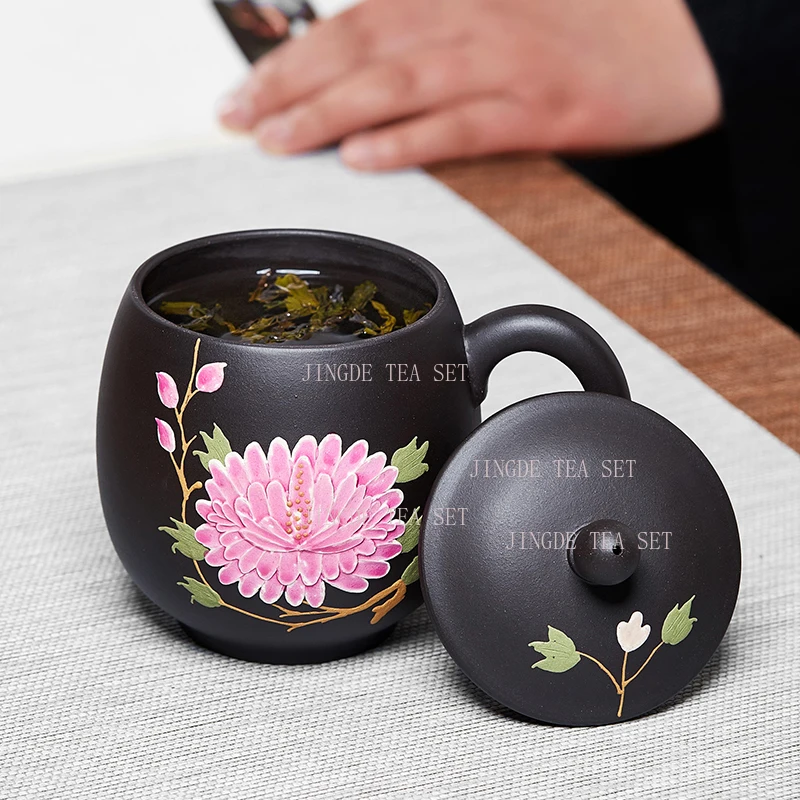 460ml Yixing purple clay tea cup handmade painting, large capacity with lid, office drinking water and tea cup