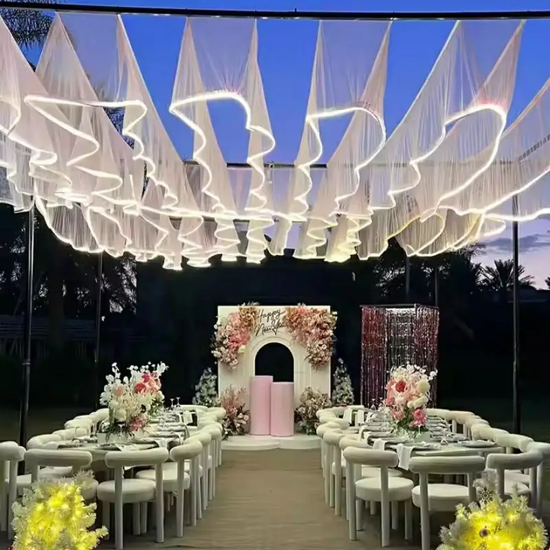 

Glowing Waves Props, Wedding Ceiling Gauze curtains,Hanging Gauze With String Lights, Korean style for Party Stage Hall 20Meters