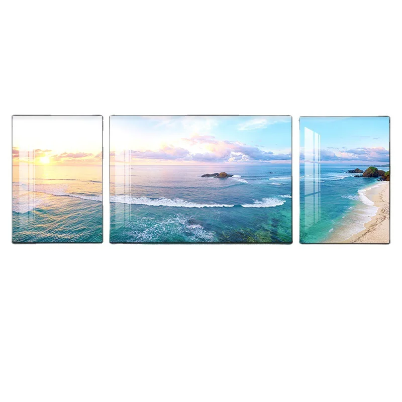 

Light luxury living room decorative sofa background wall hanging paintings modern simple atmosphere triptych sea view wharf