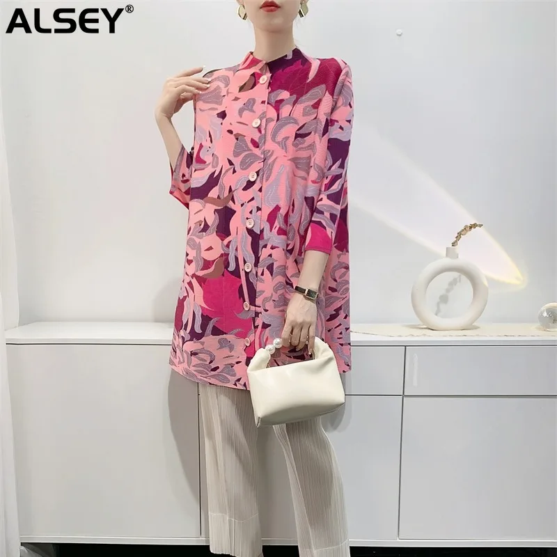 

ALSEY Miyake Pleated Women's Mid-Length Printed Toothpick Spring Summer Top Seven-Point Sleeve Loose Plus Size Thin Top