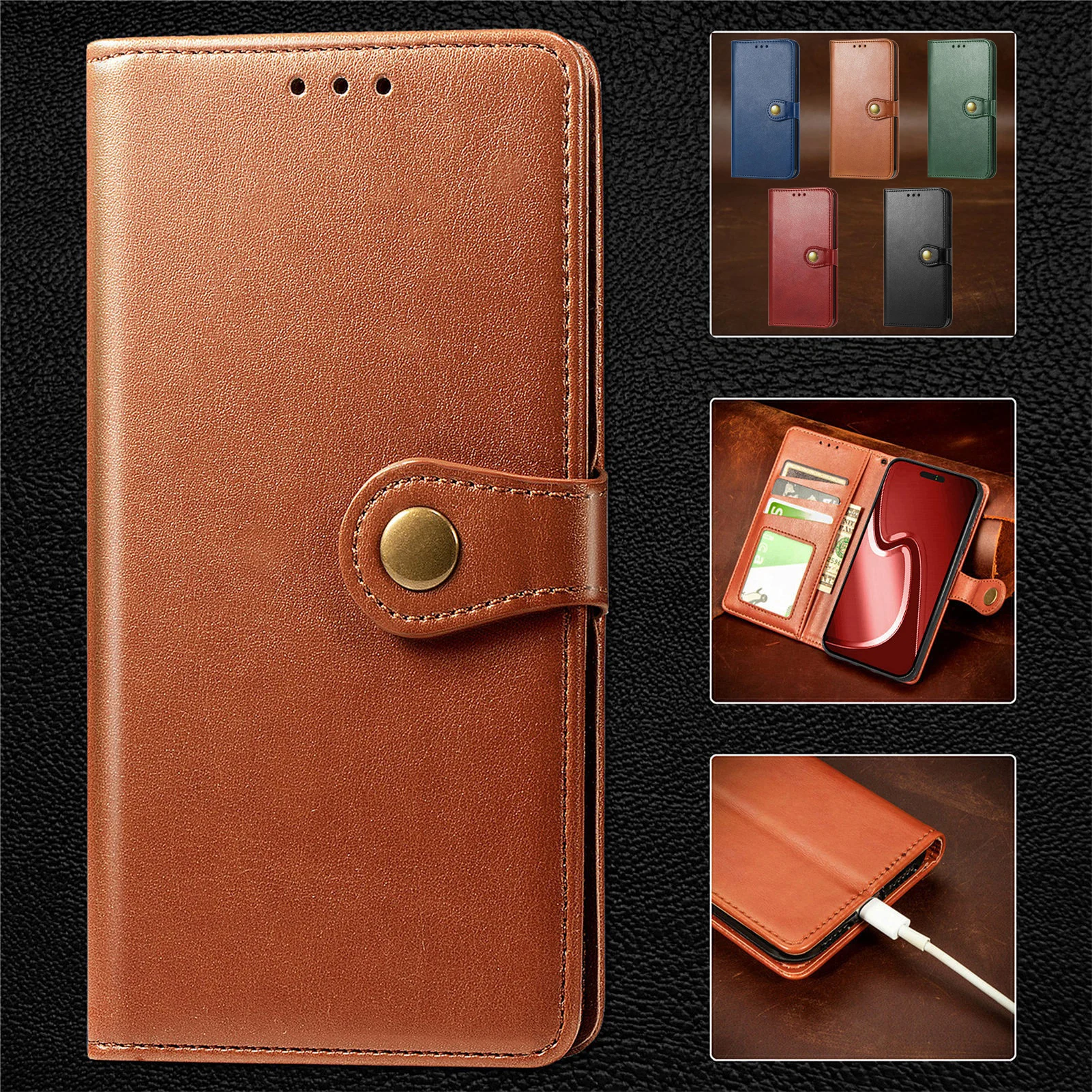 Leather Wallet Flip Case for Samsung Galaxy A54 A34 A24 A53 A33 A72 A52 A23 4G 5G Card Holder, Kickstand, Vintage Button Closure