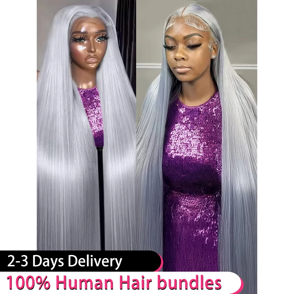 

250 Density 40Inch Silver Grey Straight Bone 13x6 HD Lace Front Human Hair Wigs Brazilian 13x4 Colored Pre Plucked Wig For Women