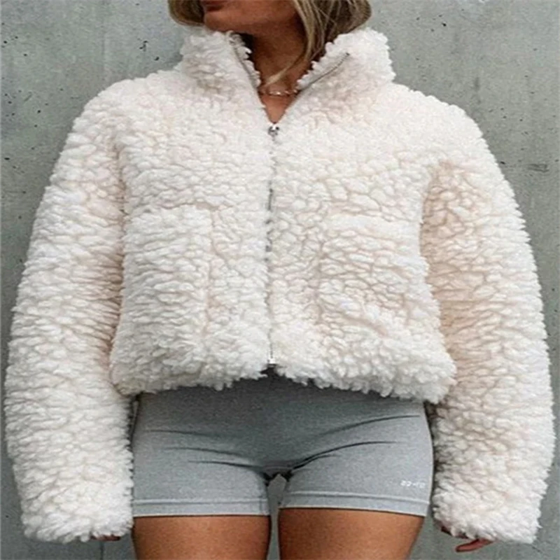 Winter Lamb Wool Short Coat For Women Thicken Warm Long Sleeve Turtleneck Jackets 2023 Autumn Fashion Streetwear Ladies Overcoat