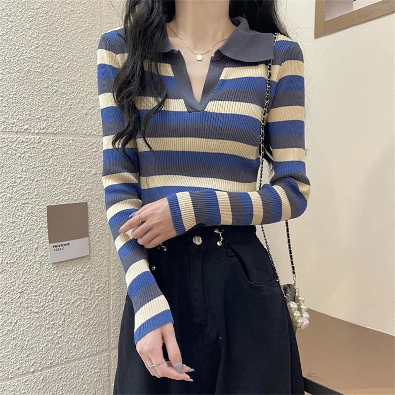 2024 New Autumn Fashion Bottoming Shirt Women\'s Striped Sweater Trendy Women\'s Sweater Long Sleeve T-shirt Top