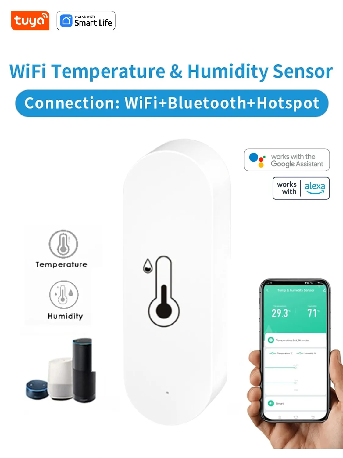 Sensore di temperatura e umidità Tuya WiFi sensore di umidità per interni monitoraggio APP alimentato a batteria per Alexa Google Home Voice