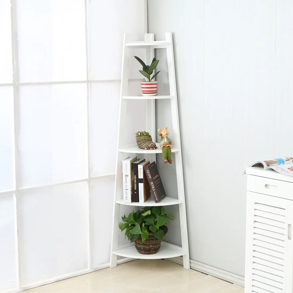 5 Tier Ladder Corner Bamboo Wood Flower Plant Stand, White