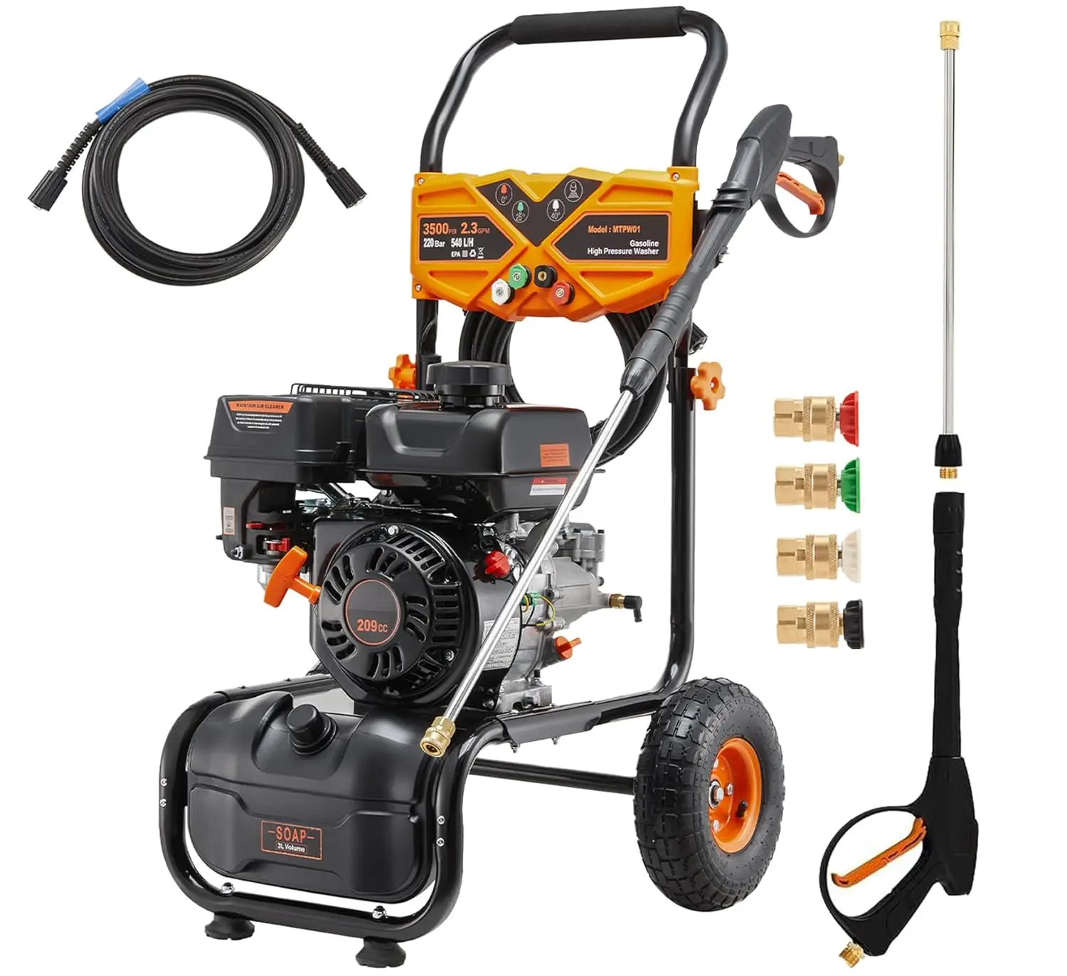 3500PSI 2.3GPM Gas Pressure Washer 4 Quick Nozzles Soap Tank Portable for Car Fence Driveway Patio Furniture, Custom