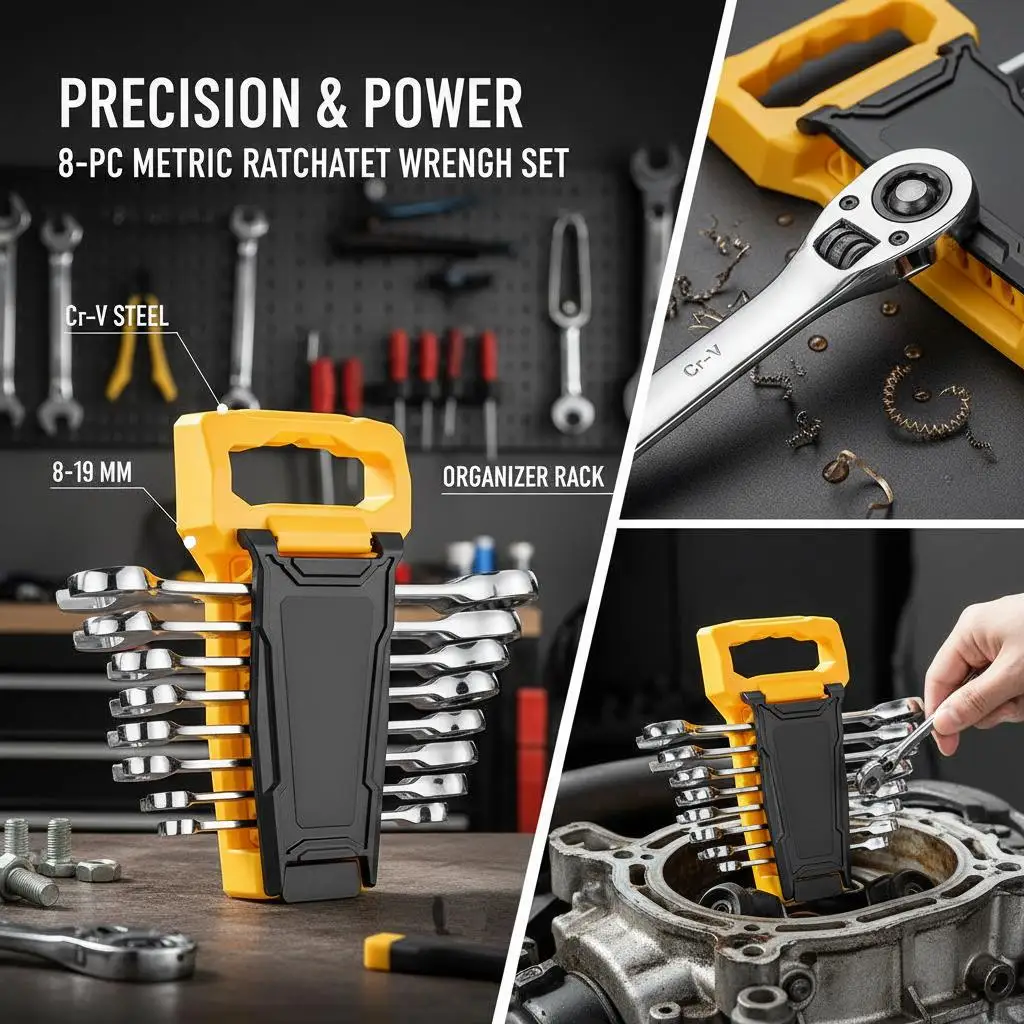 

Набор комбинированных ключей, 8 предметов, с трещоткой и подставкой-органайзером, из стали Cr-V, метрические размеры от 8 мм до 19 мм, идеально подходит
