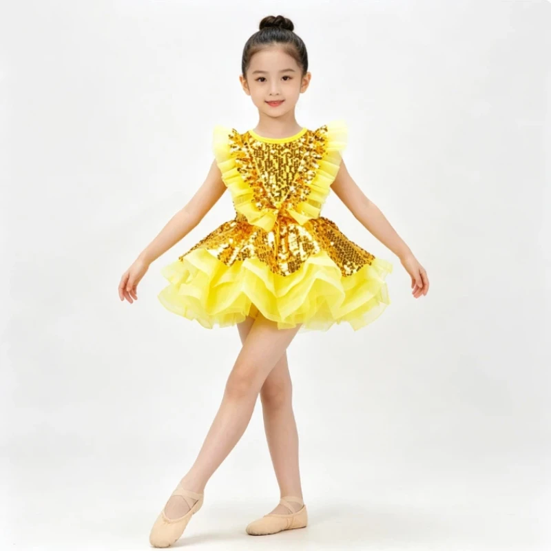 

New Girls' Dance Performance Costume, Dance Fluffy Skirt, Sequin Dress, Light Strip, Star Golden Color