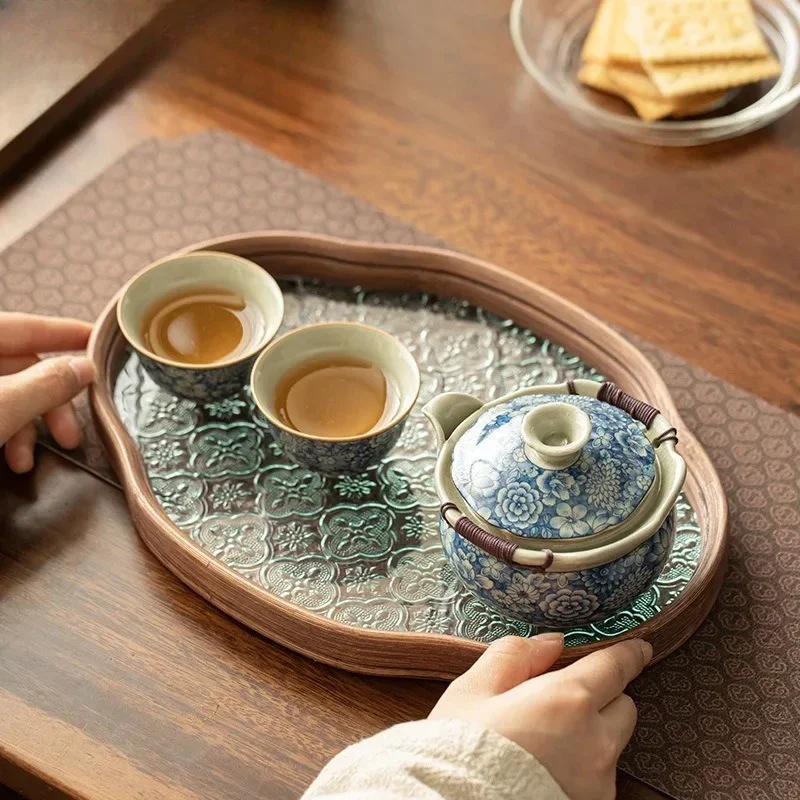 Boutique Ru Kiln Hand-grasp Pot Creative Flowers Tea Set Kit With Begonia Plate Retro Tea Ceremony Set Pot And Cu Teaset Crafts
