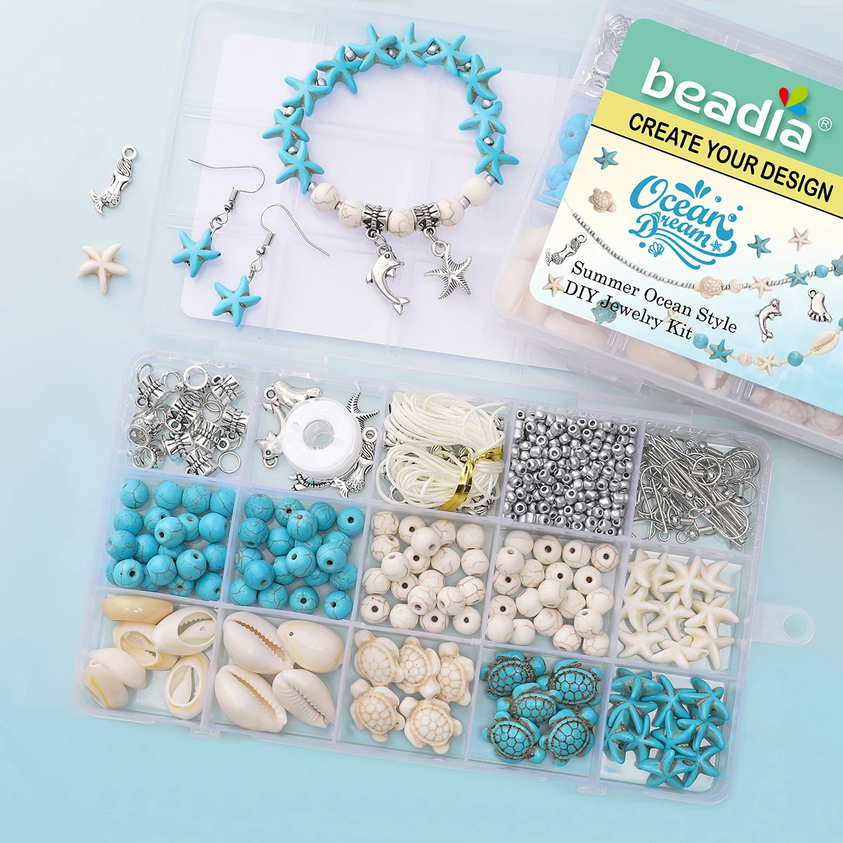 715Pcs Turquoise Ocean Blue White Summer Beach Bead Kit, Turtle Shell Starfish Shape Beads for DIY Jewelry Making Bracelets Earr