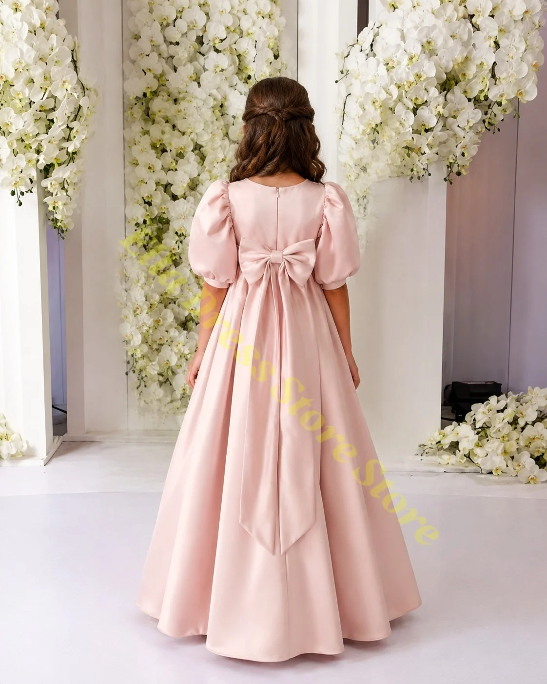 Großhandel Elegantes Blumenmädchenkleid Hochwertiger Rosa Satin Flauschige Große Schleife für Kinder Hochzeit Geburtstag Party Abendballkleider Maßanfertigung – Detail 2