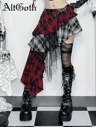 AltGoth Harajuku Grunge Gotik Etek Kadın Streetwear Punk Koyu Ekose Patchwork Düzensiz Etek Y2k E-kız Emo Alternatif Etek