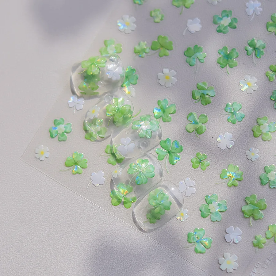 Adesivo Decorativo de Unhas com Flor de Jujuba Verde Brilhante, Quatro Folhas, Colorido, com Strass e Laser, Ferramenta de Manicure