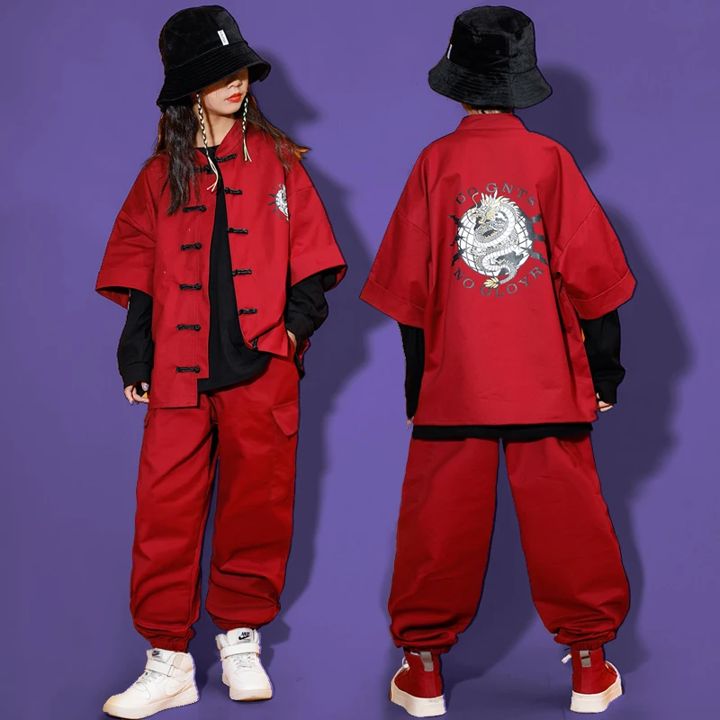 

Kid Chinese Tradition Wine Red Red Kung Fu Tang Suit Shirt Casual Jogger Pants for Girl Boy Hip Hop Jazz Dance Costume Clothes