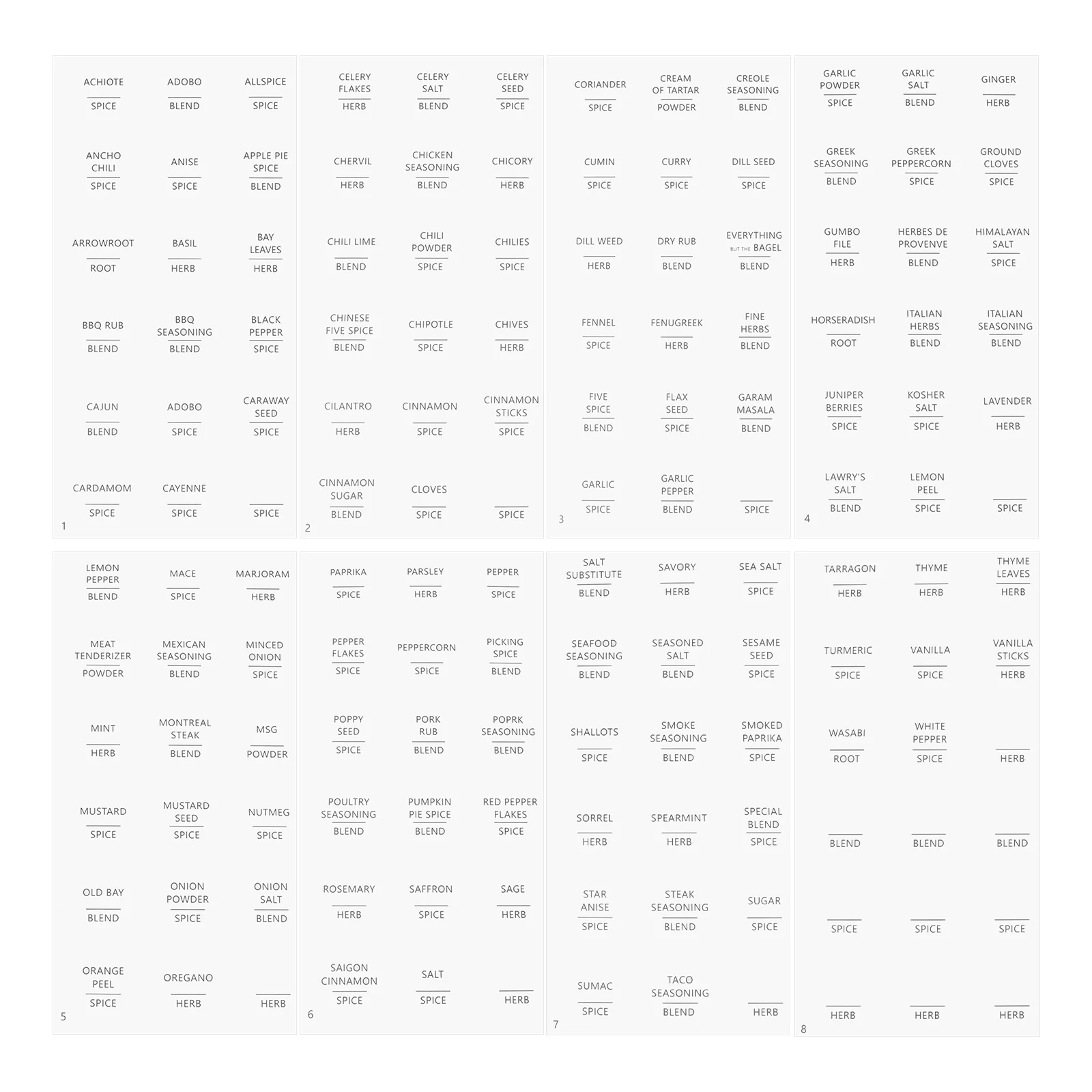 

8 Sheets Flavored Label Stickers Labels for Spice Jars Food Preprinted Minimalist Herb Bottle Containers