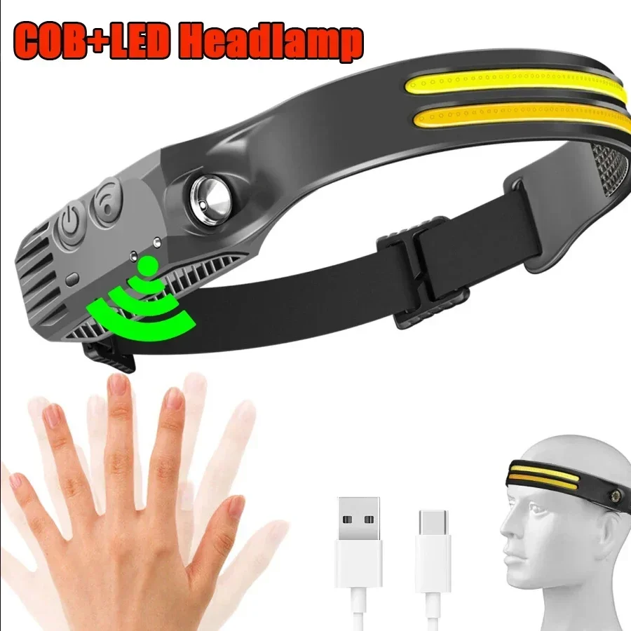 

New Induction COB LED Headlamp USB Rechargeable Use 18650 Battery Headliaght Torch 8 Lighting Modes Outdoor Working Lantern