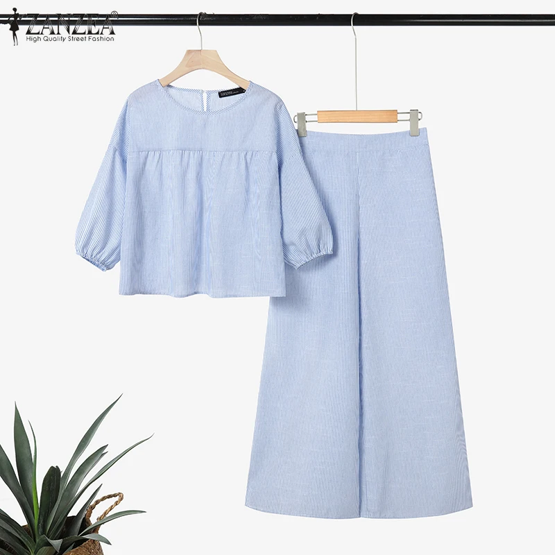 2026 ZANZEA Autumn Spring Outfits Women Pants Sets Striped Tracksuit 2 Piece Sets 3/4 Puff Sleeve Blouse Wide Leg Trousers Suit