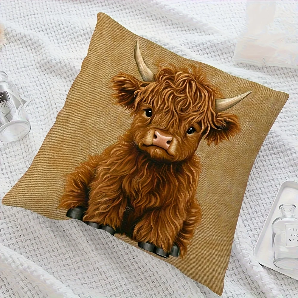 1pc Baby Highland Cow Themed Printed Throw Pillow Cover, Suitable for Sofa, Bedroom, Living Room, a Fun Gift for Animal Lovers.