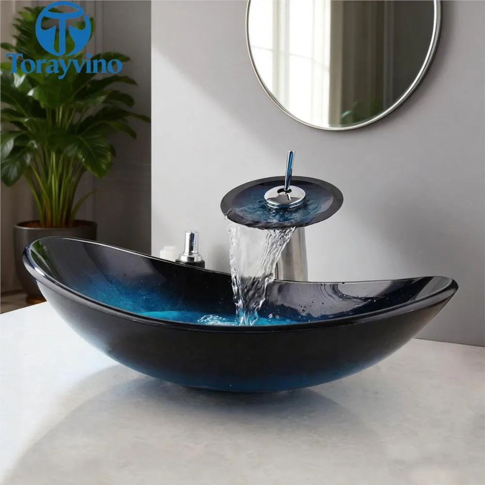 

Torayvino Tempered Glass Basin Sink Tap Bathroom Washbasin Vessel sink Vanity Bowl Counter Top Waterfall Faucet Pop-up Combo Kit