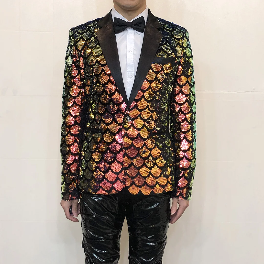 Men's Shiny Sequin Blazers Jacket Host Singer Stage Performance Clothes Nightclub Male Party Glitter Tuxedo Coat