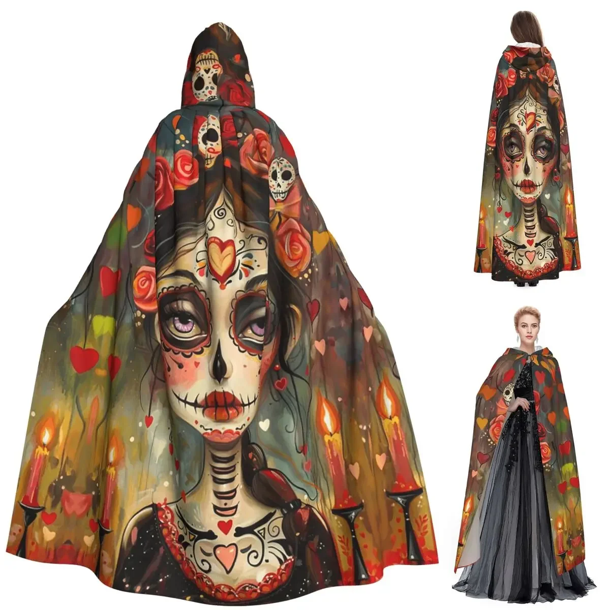 

Мексиканская Catrina Girl День мертвых сахарный череп длинный плащ с капюшоном ведьма средневековый костюм косплей накидка Хэллоуин вечеринка унисекс