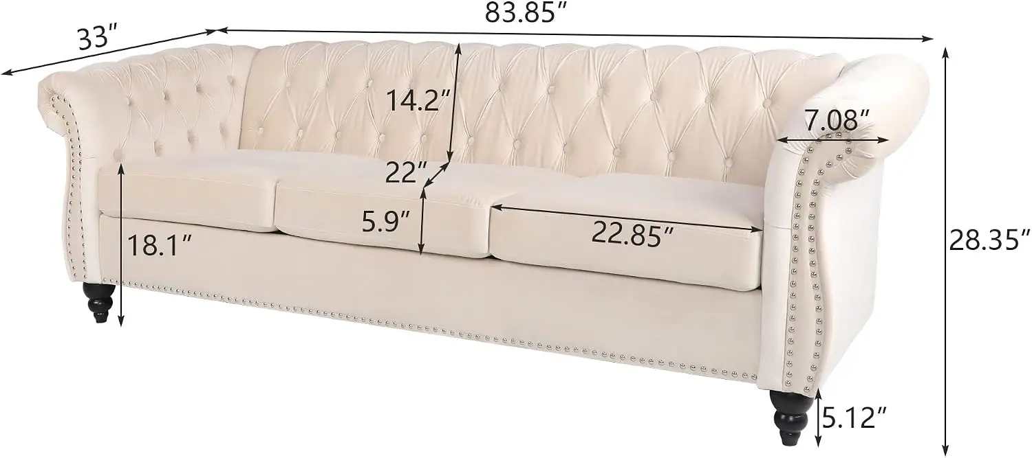 Velvet Chesterfield Sofa, Classic Tufted 3-Seater Couch Long Settee with Tufted Back for Living Room Office, Beige