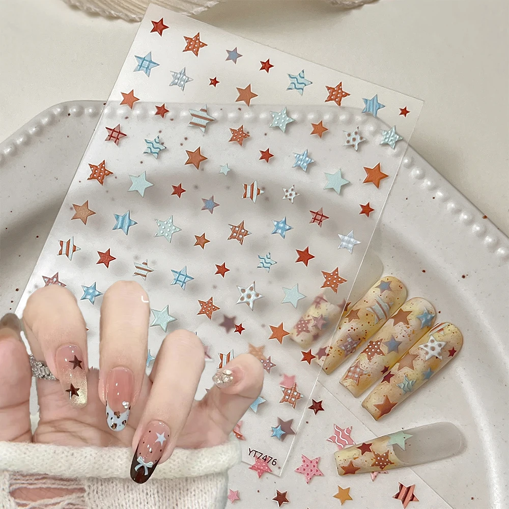 

1pcs Y2K Brown Blue Star Nail Art Sticker Grid Wave Dot Stripe Mini Pentagram Self-Adhesive Decal Winter Christmas Nail Decorati