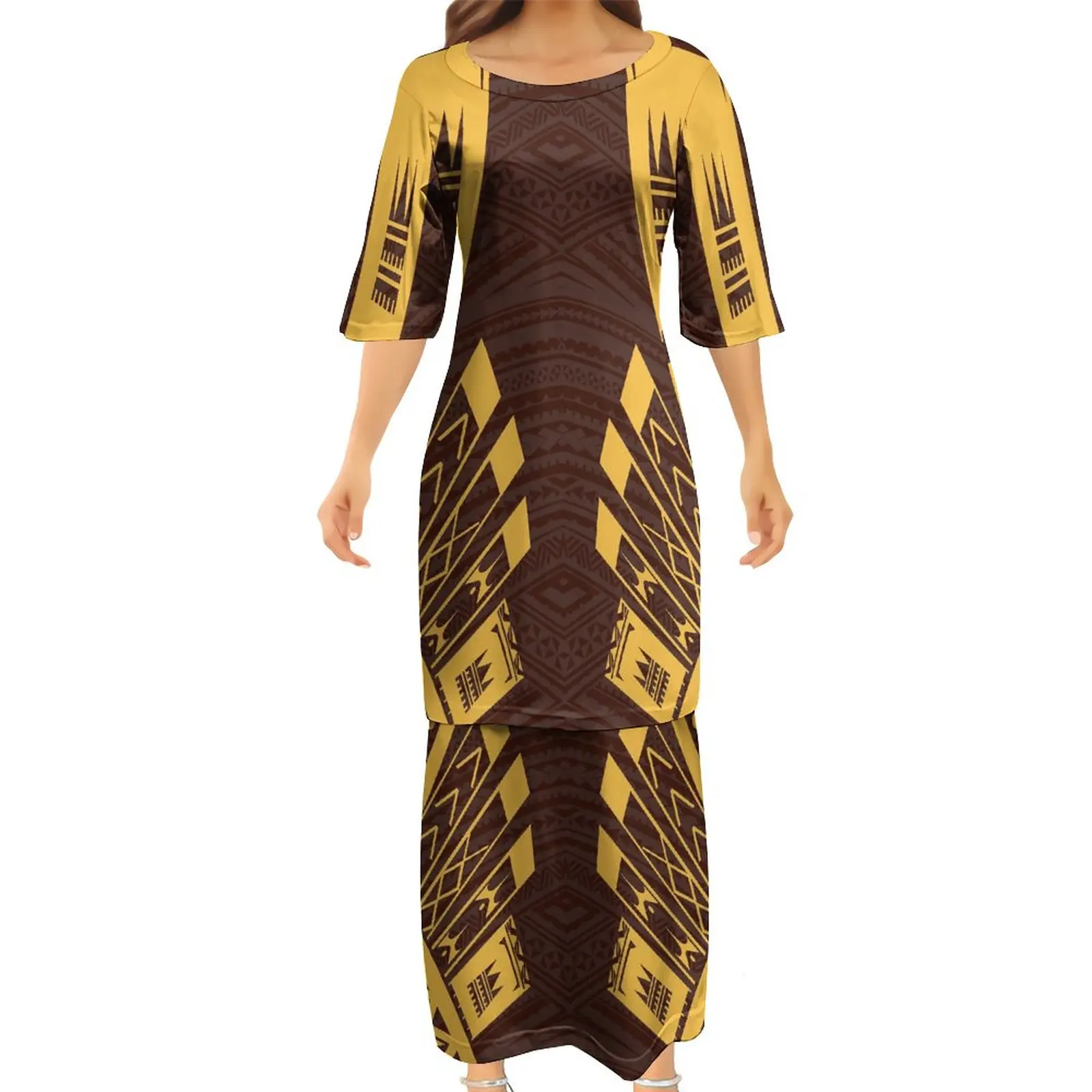 Polynesian Tongan Tribe Print 2-Piece 7xl Women\'S Half-Sleeved Dress Matched With Men\'S Shirt Support Design