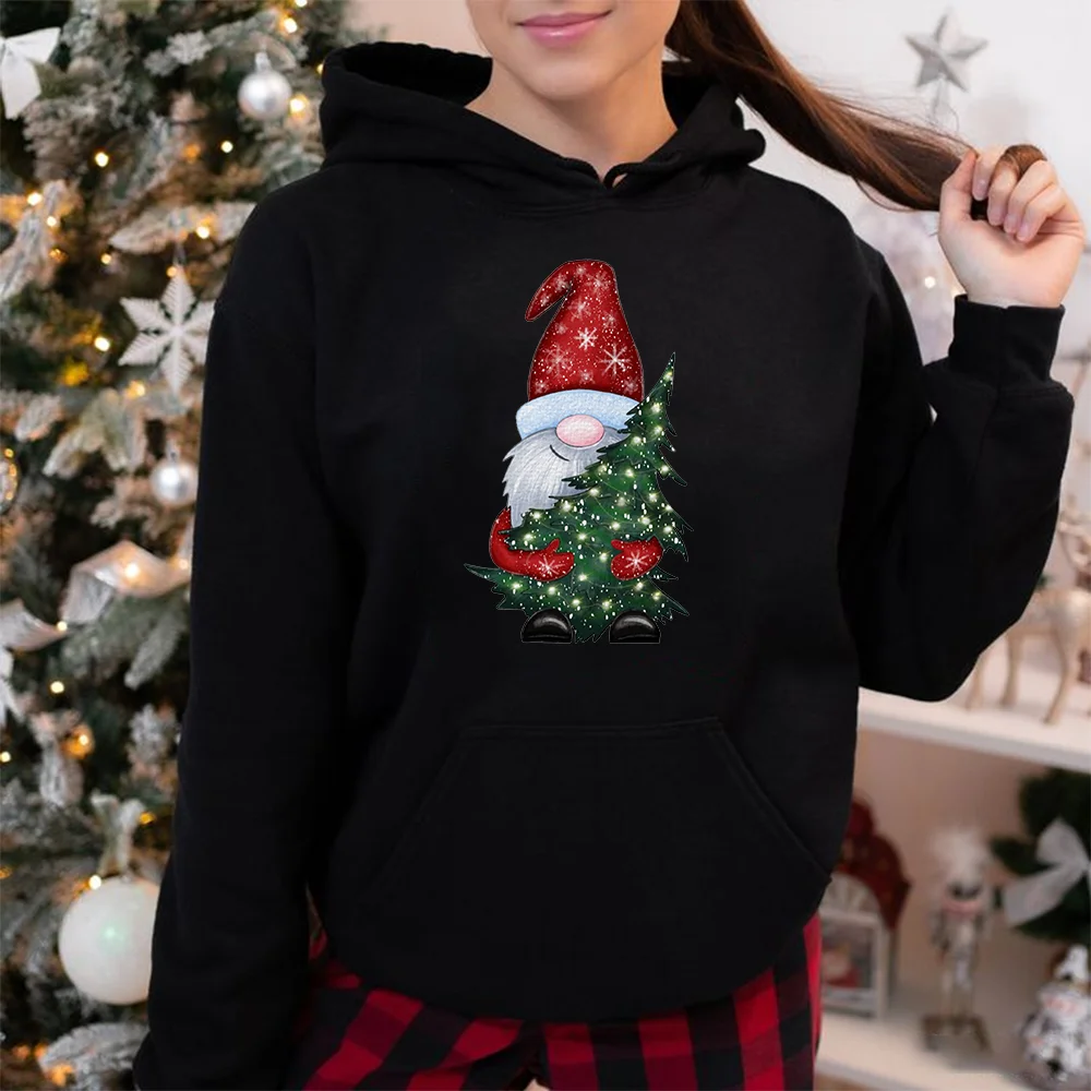 New Women's Fashion Christmas Gnome Hugging Tree Printed Hoodie Casual Loose High Quality Christmas Sweatshirt Top