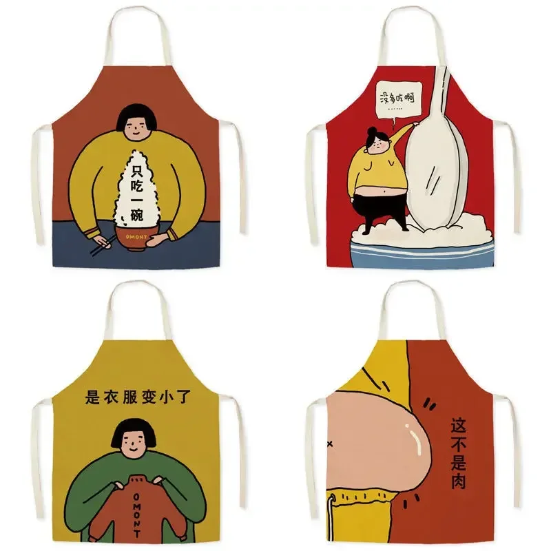 Chubby Cute Cartoon Linen Sleeveless Aprons for Women Fashion Apron Kitchen Cooking Accessories Delantal Cocina Tablier Cuisine